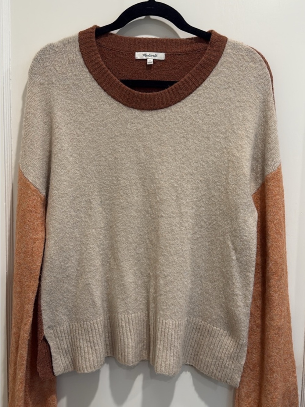 Madewell Beige Crewneck Sweater with Rust Trim and Burnt Orange Sleeves